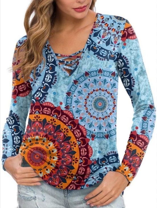 Feiersi Tops - Feiersi Boho Top M Artsy Colorful Stretch Caged V-neck Festival Medallion